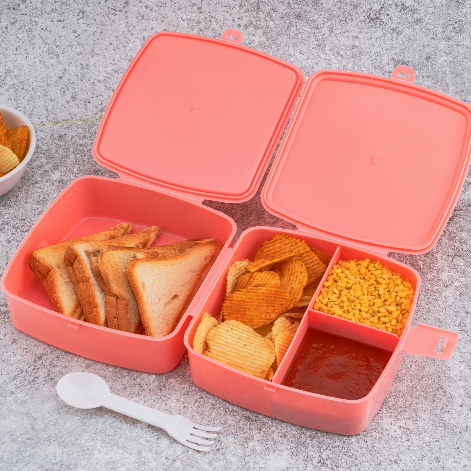 5787 Double-Layer Square Lunch Box with Spoon , 4 Compartment Tiffin & Push Lock , Plastic Tiffin Box for Travelling, School Kids & Office Exclusive, Home 5787 Double-Layer Square Lunch Box with Spoon , 4 Compartment Tiffin & Push Lock , Plastic Tiffin Box for Travelling, School Kids & Office Exclusive, Home